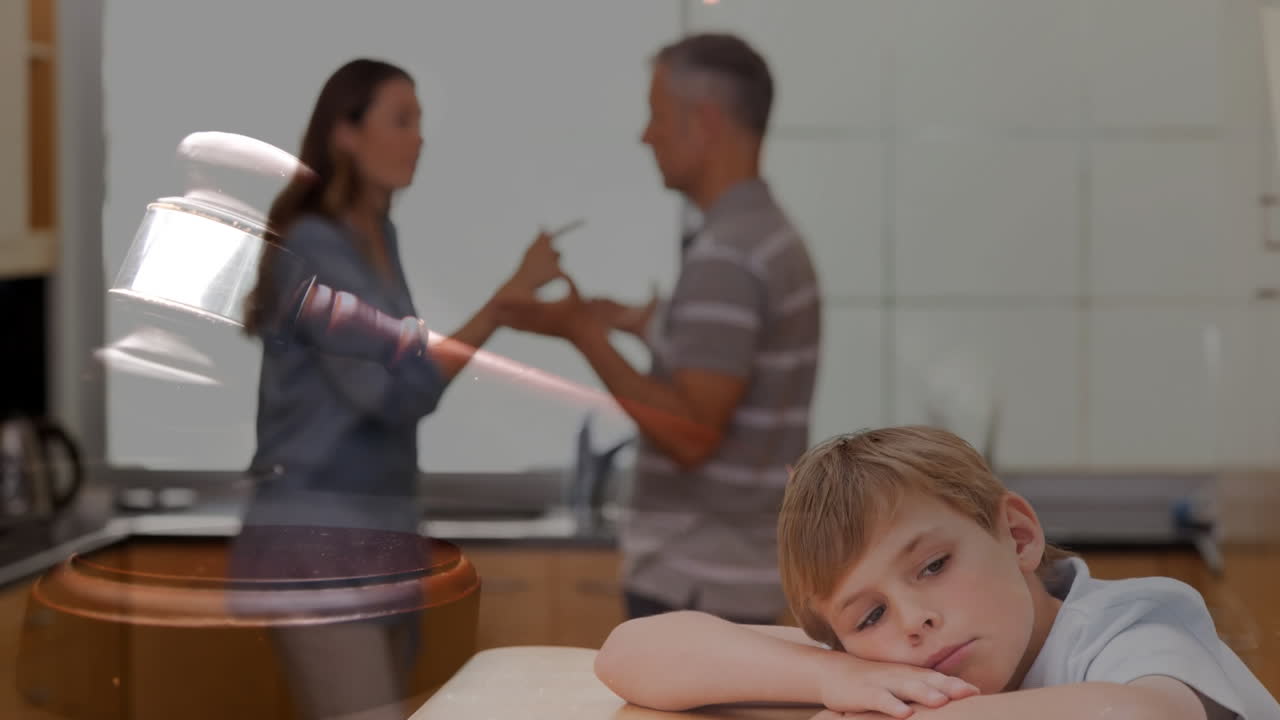 Animazione digitale concettuale di un bambino che soffre mentre i genitori litigano 4k