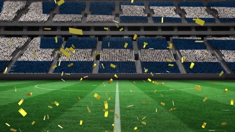 Digital-animation-of-golden-confetti-falling-against-sports-stadium-in-background