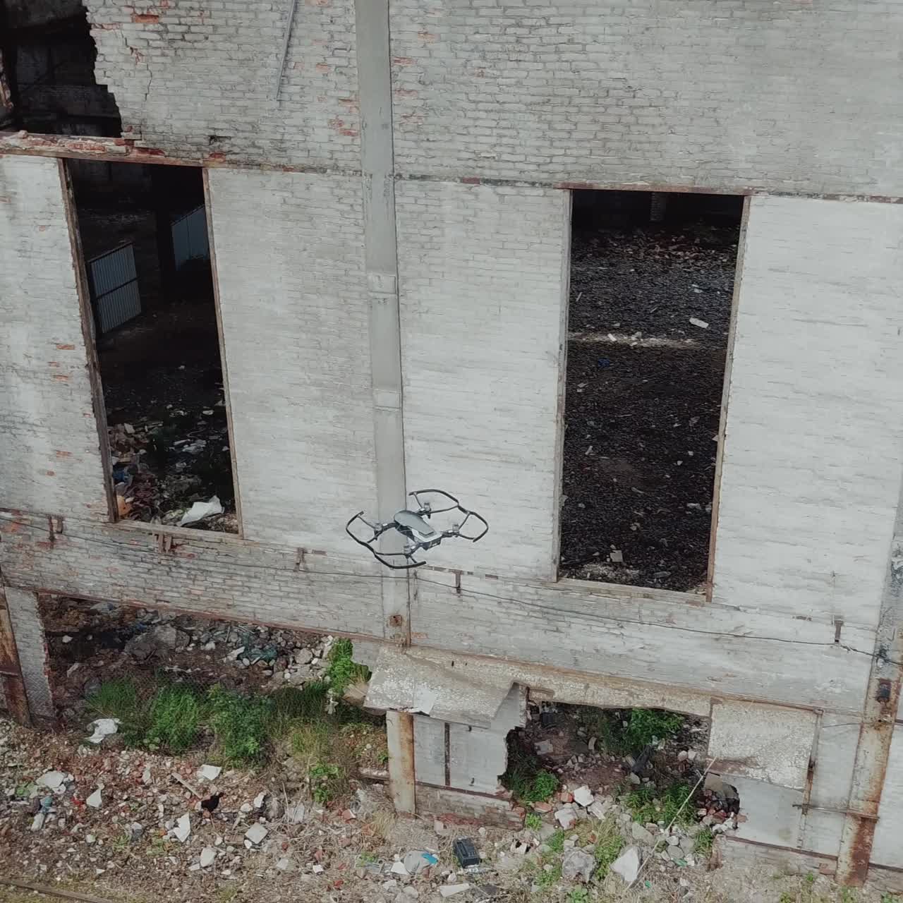 Drone view of an abandoned industrial sites. Factory ruins.