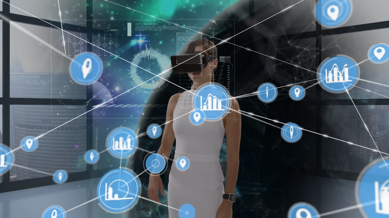 animación de una red de conexiones con iconos sobre una mujer de negocios con auriculares vr