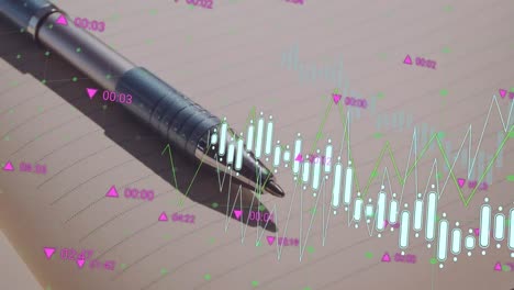 Animation-of-multiple-graphs-and-trading-board-over-pen-on-blank-book-in-background