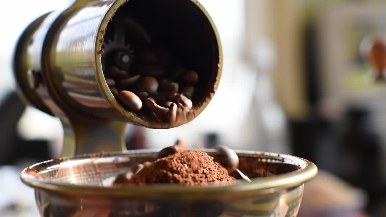 Meticulous Coffee Grinding Process Captured: Beans Being Ground to Fine Powder, Emphasizing the Art of Coffee Preparation with a Modern Grinder