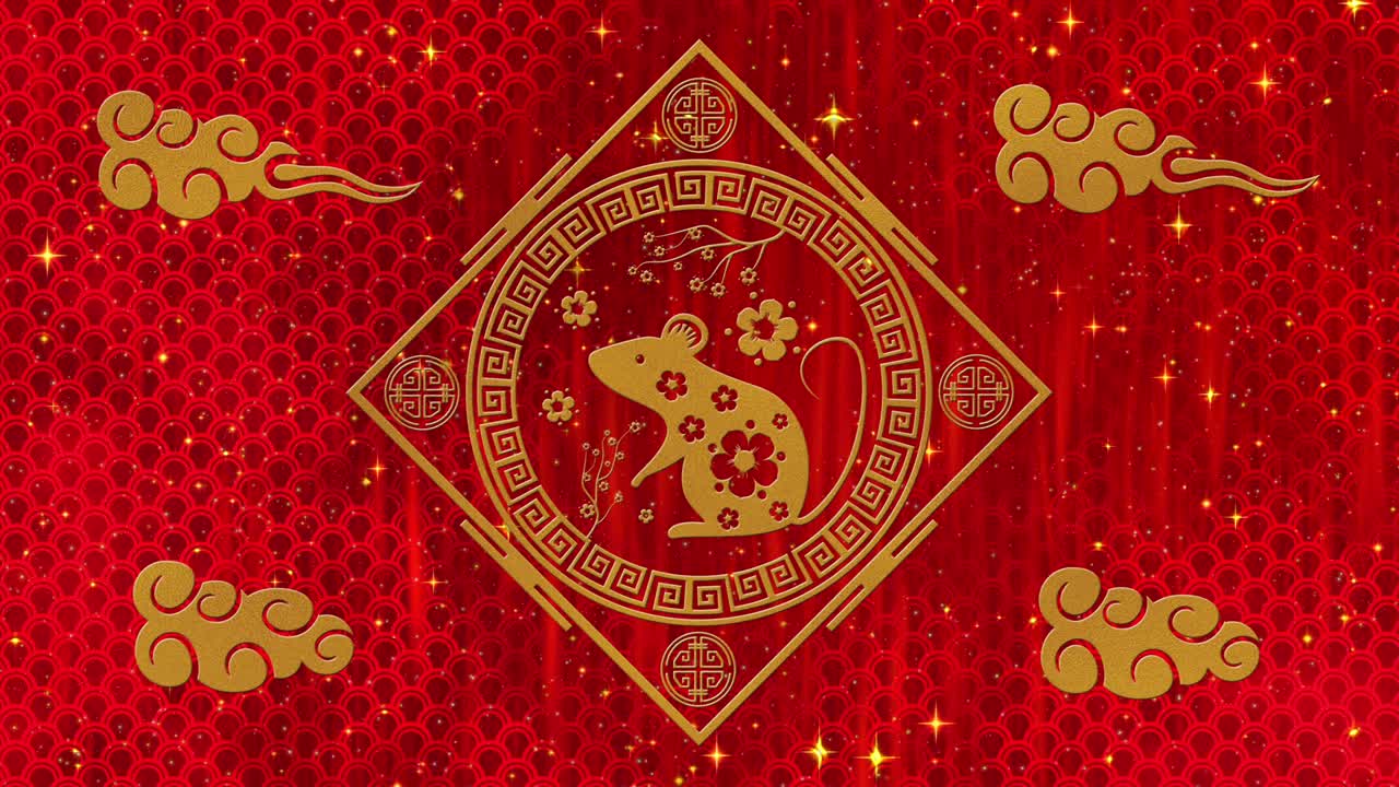 año nuevo lunar, fondo del festival de primavera con rata dorada, sakura, brillante patrón de dragón de seda. telón de fondo de papel rojo del año nuevo chino para el evento de vacaciones. animación de renderización 3d. bucle sin costuras 4k