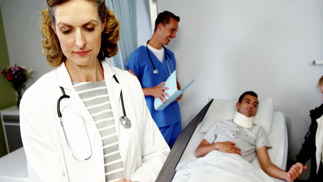 Female doctor examining medical report