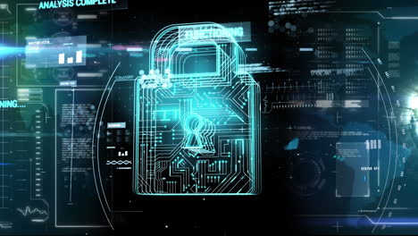 animation of online security padlock data processing and network of screens in background