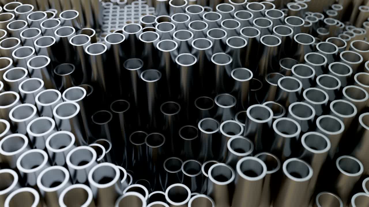 ilustración 3d. pared de tubos de acero. ubicados al azar