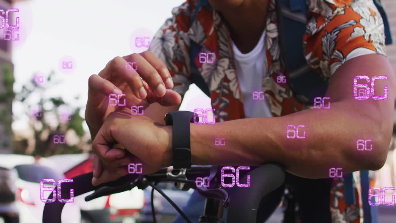 animación de textos 6g sobre hombre afroamericano que usa un reloj inteligente