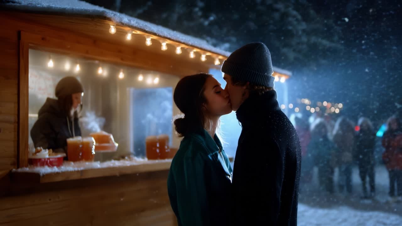 A Romantic Winter Encounter: Capturing the Perfect Kiss Amidst a Magical Snowy Landscape with Festive Lights and Cozy Atmosphere, as Couples Celebrate Love and Togetherness at a Winter Wonderland Event