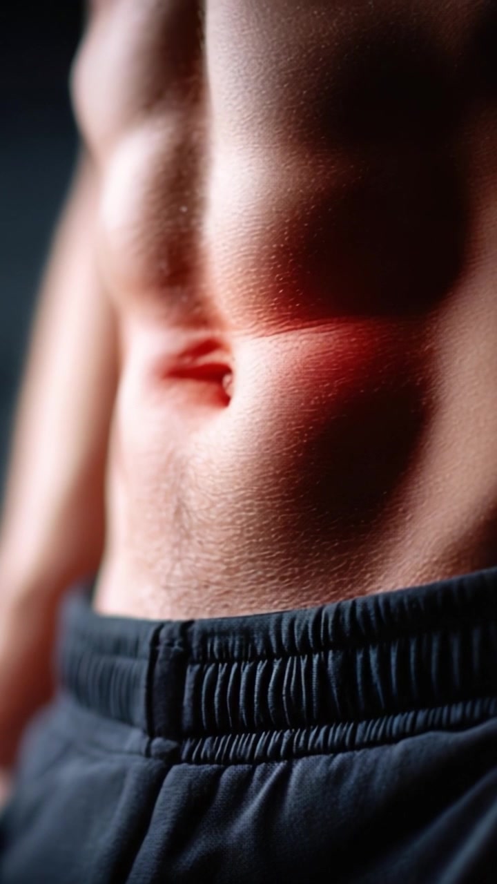 Una vista ravvicinata di un addome maschile tonico, che mostra muscoli definiti e la texture della pelle, ambientato su uno sfondo scuro che evidenzia i contorni e le ombre del corpo.