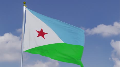 Flag-Of-Djibouti-Moving-In-The-Wind-With-A-Clear-Blue-Sky-In-The-Background,-Clouds-Slowly-Moving,-Flagpole,-Slow-Motion