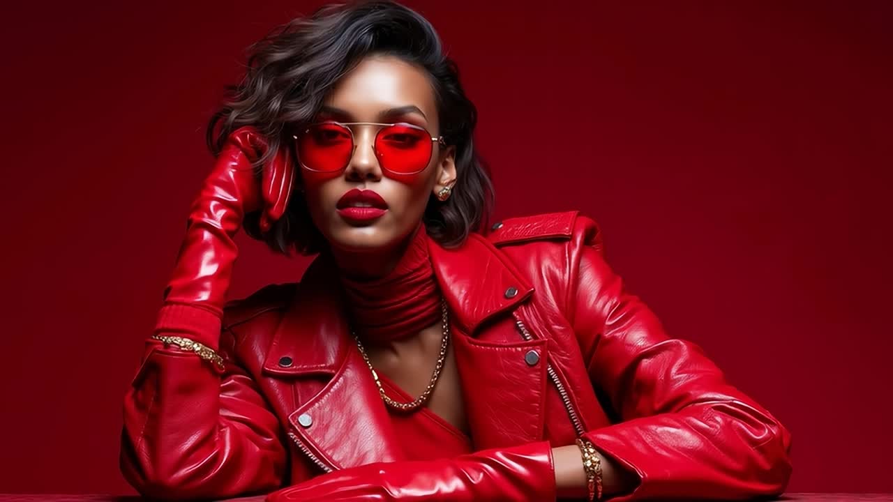 Fashion Woman in Red Leather and Shades