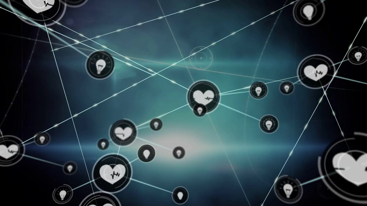 Cuore centrale che pulsa e invia connettori, generando nodi a forma di lampadina che mappano una rete di tecnologia sanitaria.