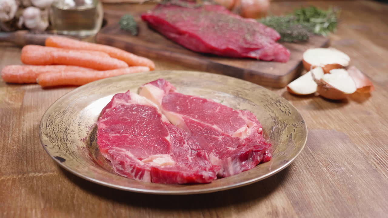 Raw beef steak with vegetables