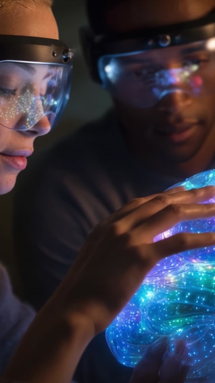 Erkundung eines leuchtenden Kristallschädels: Zwei Forscher mit einem lumineszierenden Objekt in einer schwach beleuchteten Laborumgebung.