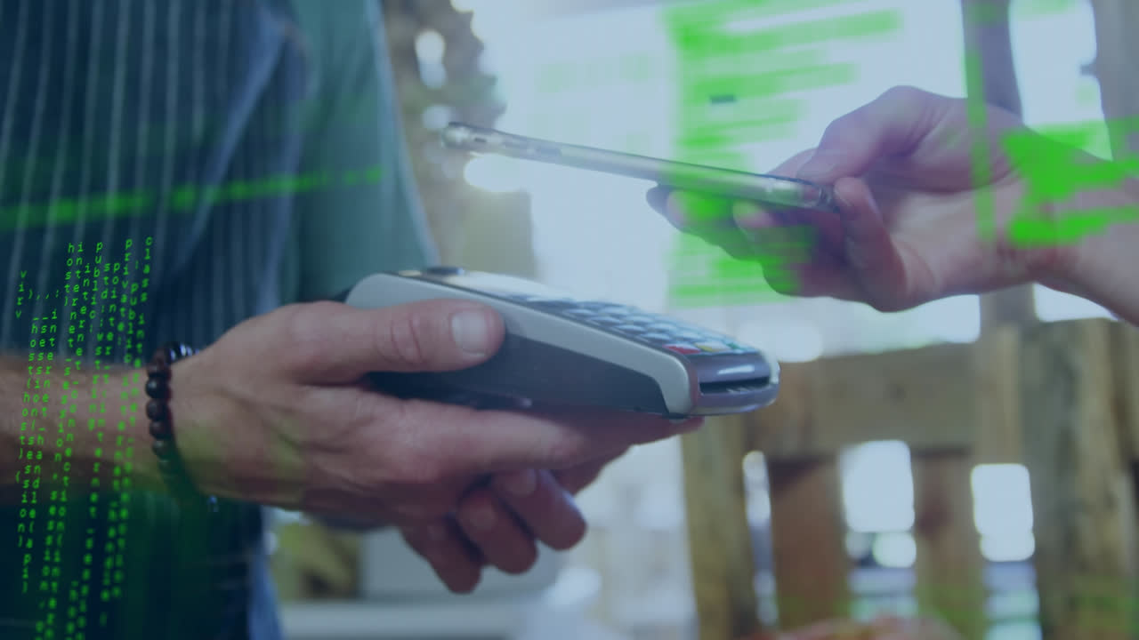 Animation of data processing over caucasian woman paying with smartphone