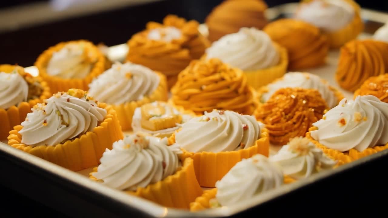 cerca de pasteles con glaseado blanco y decoraciones amarillas y naranjas