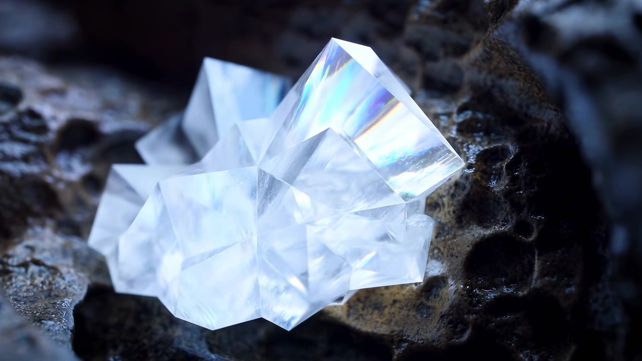 Un grappolo di cristalli sfaccettati trasparenti poggia su roccia ruvida e bagnata all'interno di una grotta buia mentre riflessi interni, dispersione arcobaleno e punti luce brillanti si muovono sulle facce del cristallo, creando sottili