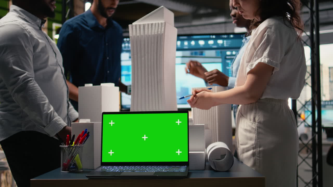 Developers team review zoning regulations for city planning next to mockup