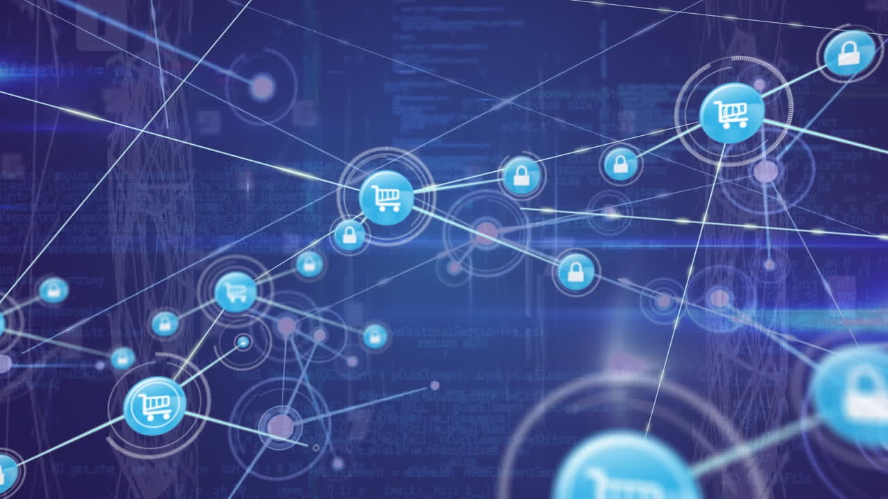 animación de iconos conectados, puntos que forman globos y lenguaje informático sobre fondo azul.