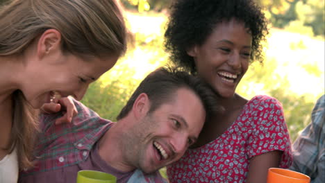 Four-friends-relax-together-drinking-in-the-countryside