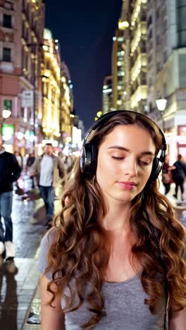 woman listening to music on headphones in a city at night