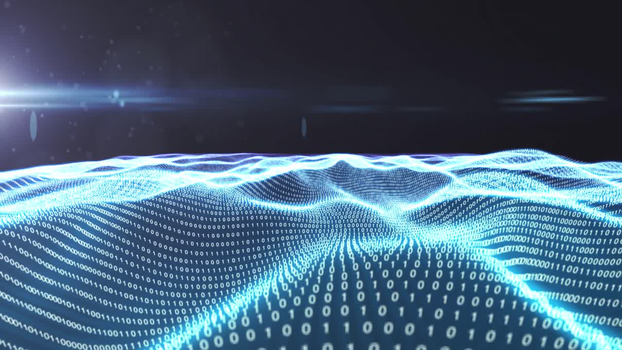 Animation of waving mesh with glowing computer binary coding