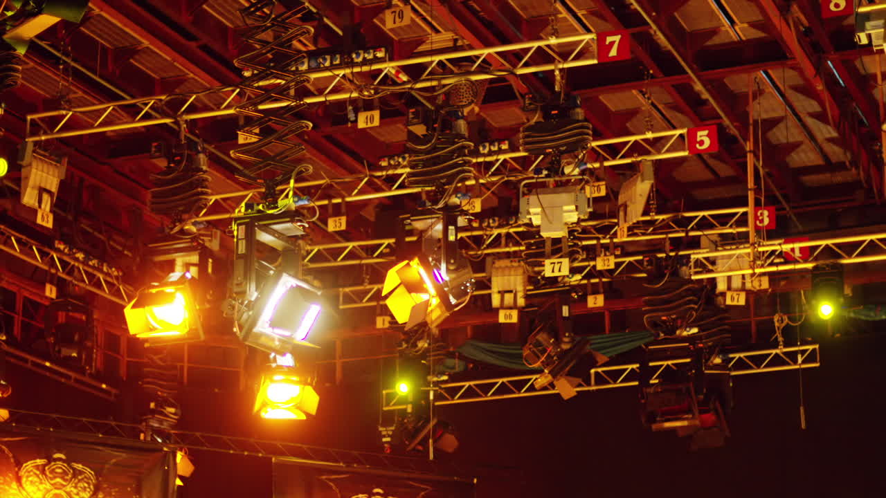 Flashing studio lights equipment on the ceiling of a TV set