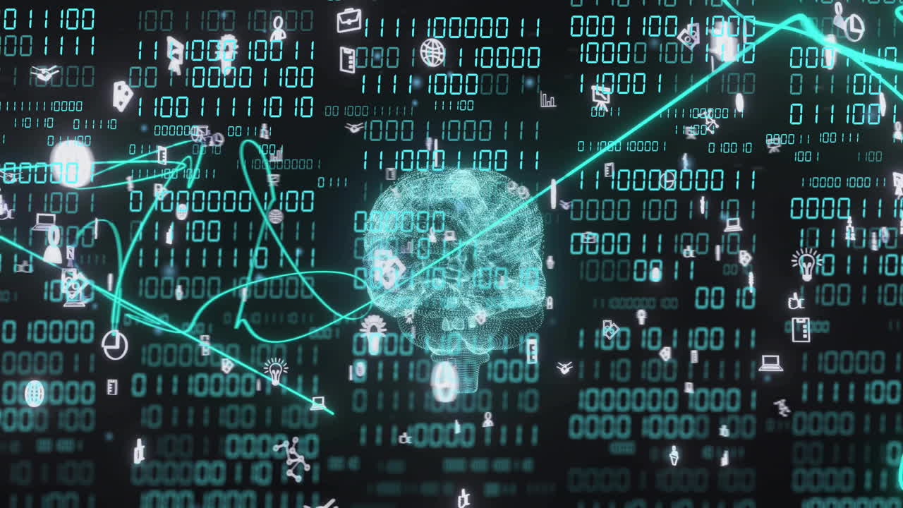 Brain animation with binary code and data processing symbols over digital background