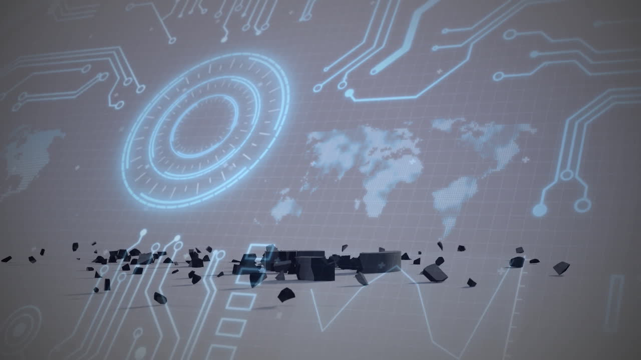Animation of digital world map with circuit patterns over 3D blocks and particles