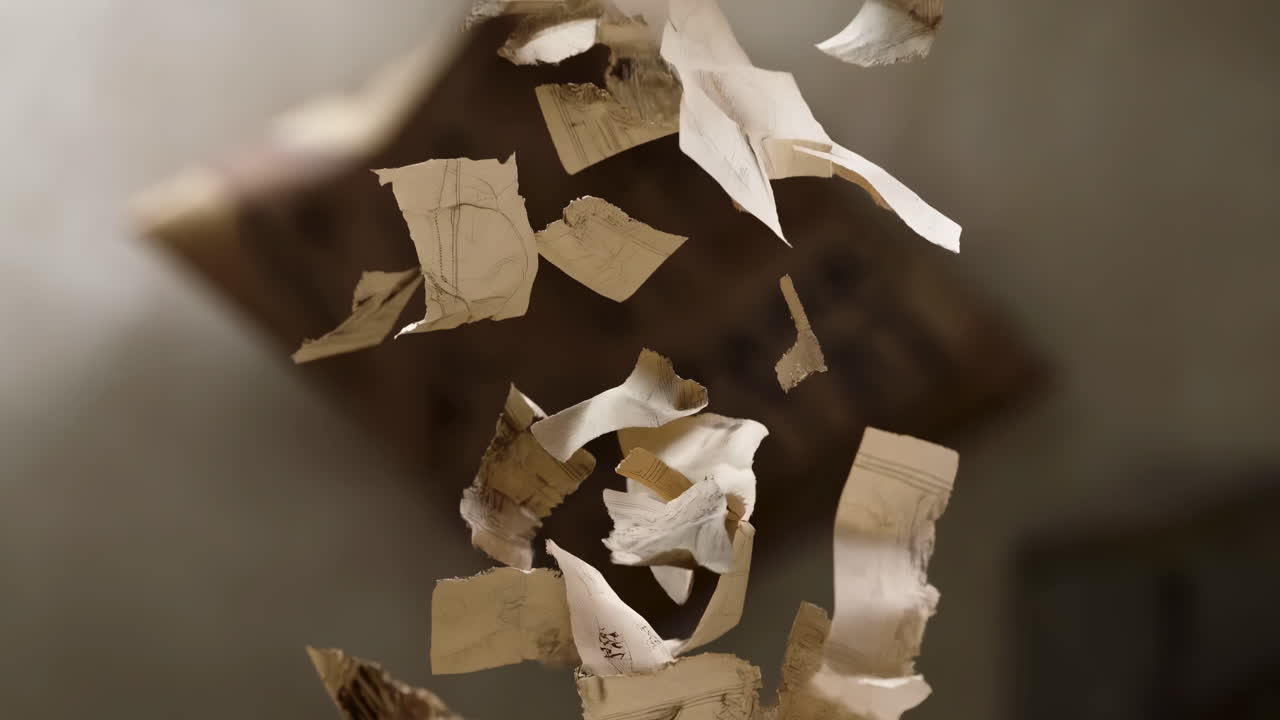 Old Torn Paper Fragments Falling in Slow Motion