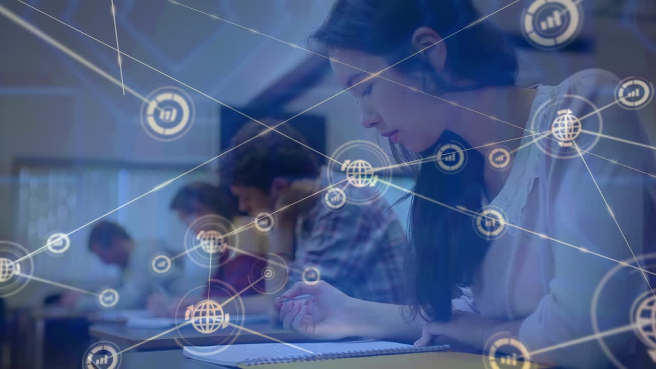 animación de una red de iconos digitales sobre una chica asiática que estudia en una clase en la universidad