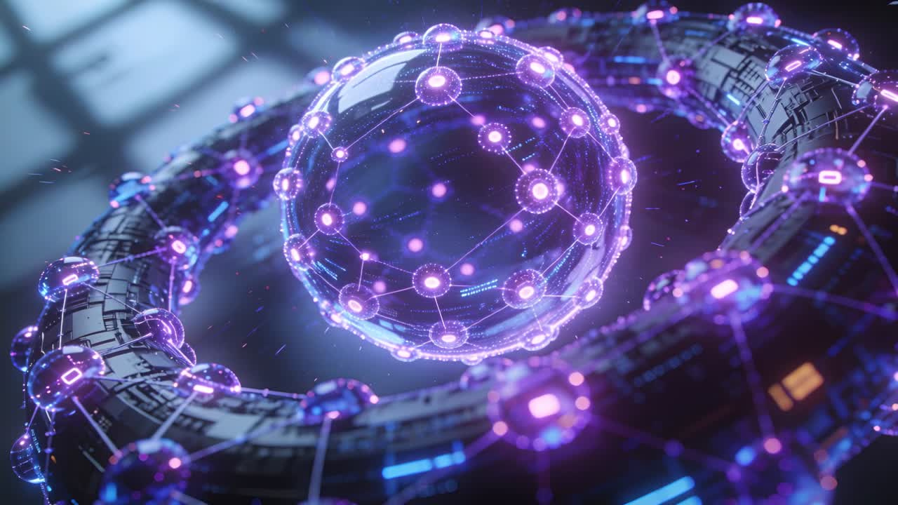 Un nucleo sferico centrale alimentato da una rete di nodi viola, che ruota e pulsa all'interno di un toroide di hangar.