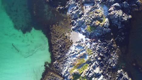 coloridas formaciones rocosas costeras por agua turquesa, lofoten, noruega
