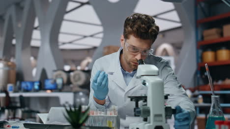 thoughtful scientist making analysis vaccine in innovation laboratory close up.