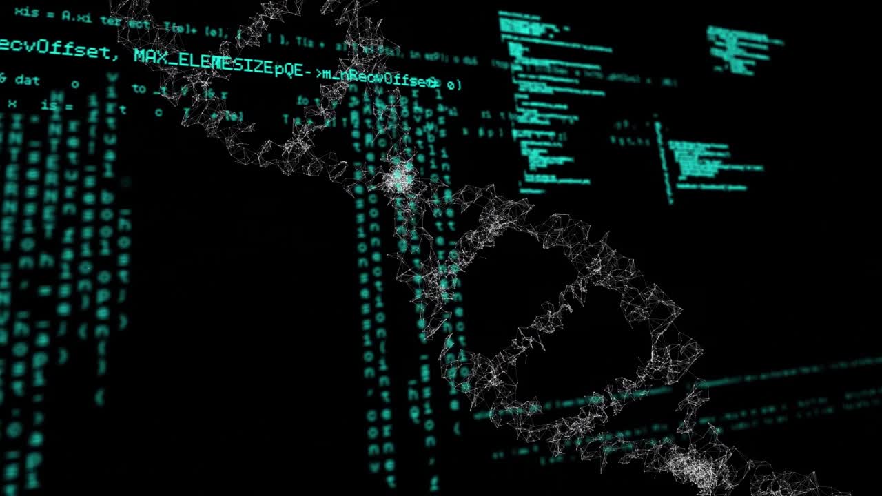 Animation of data processing over 3d dna strand spinning