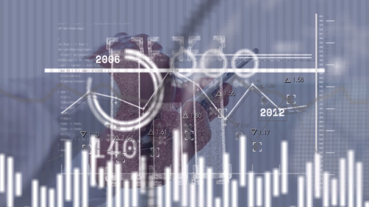 Data visualization animation over abstract background with graphs and numbers