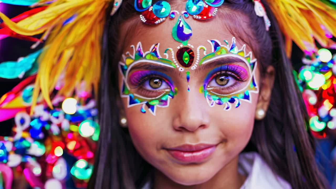 Retrato aproximado de uma criança com pintura facial elaborada e acessórios festivos