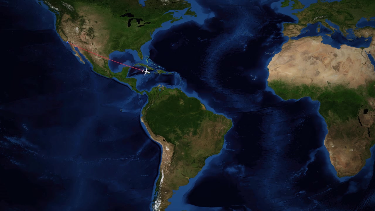 Animazione mappa satellitare segue l'icona dell'aereo che viaggia da Los Angeles a Lagos attraverso l'Atlantico