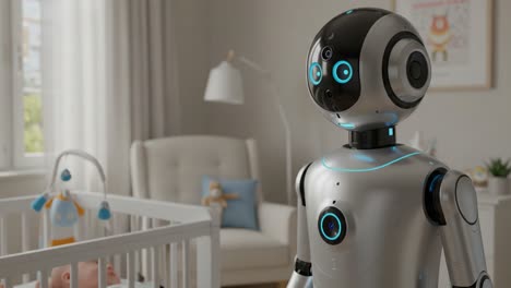 a futuristic nursery assistant: an interactive robot engaging with a baby in a cozy living space, showcasing advanced technology and parenting support