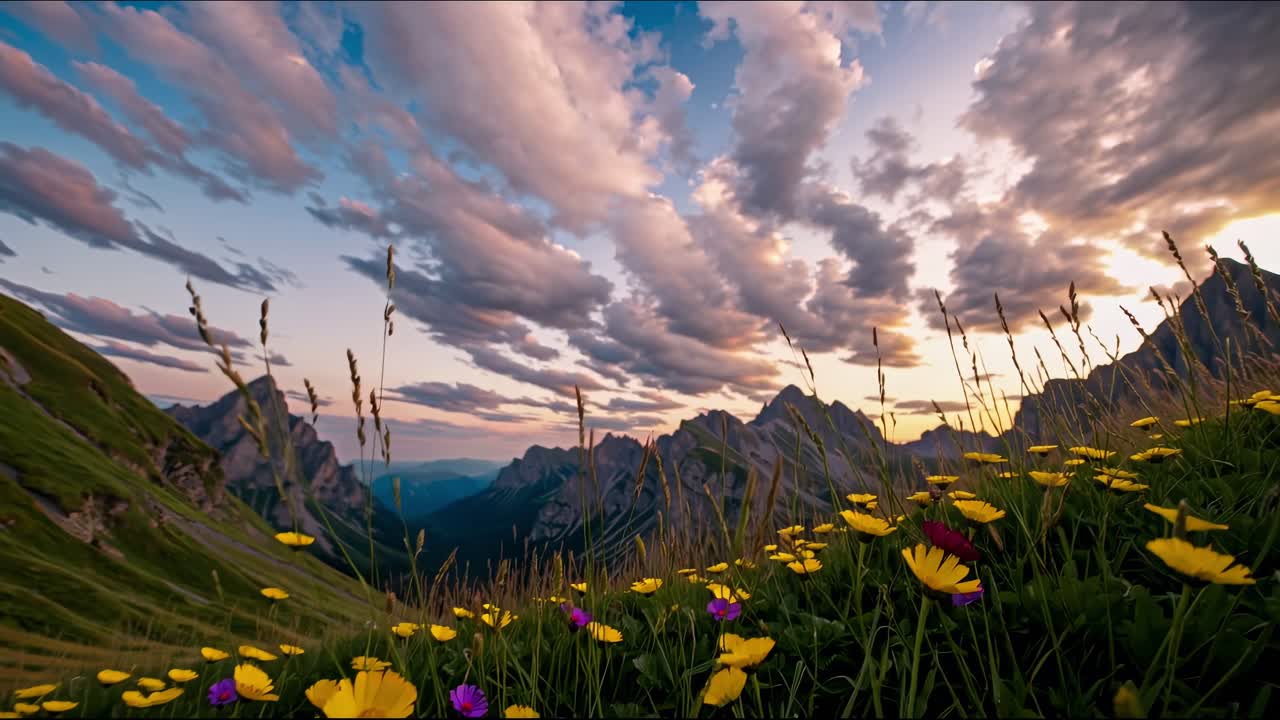Alpine wildflowers blooming on steep mountainside, vibrant sunset sky casting golden light through dramatic cloud formations