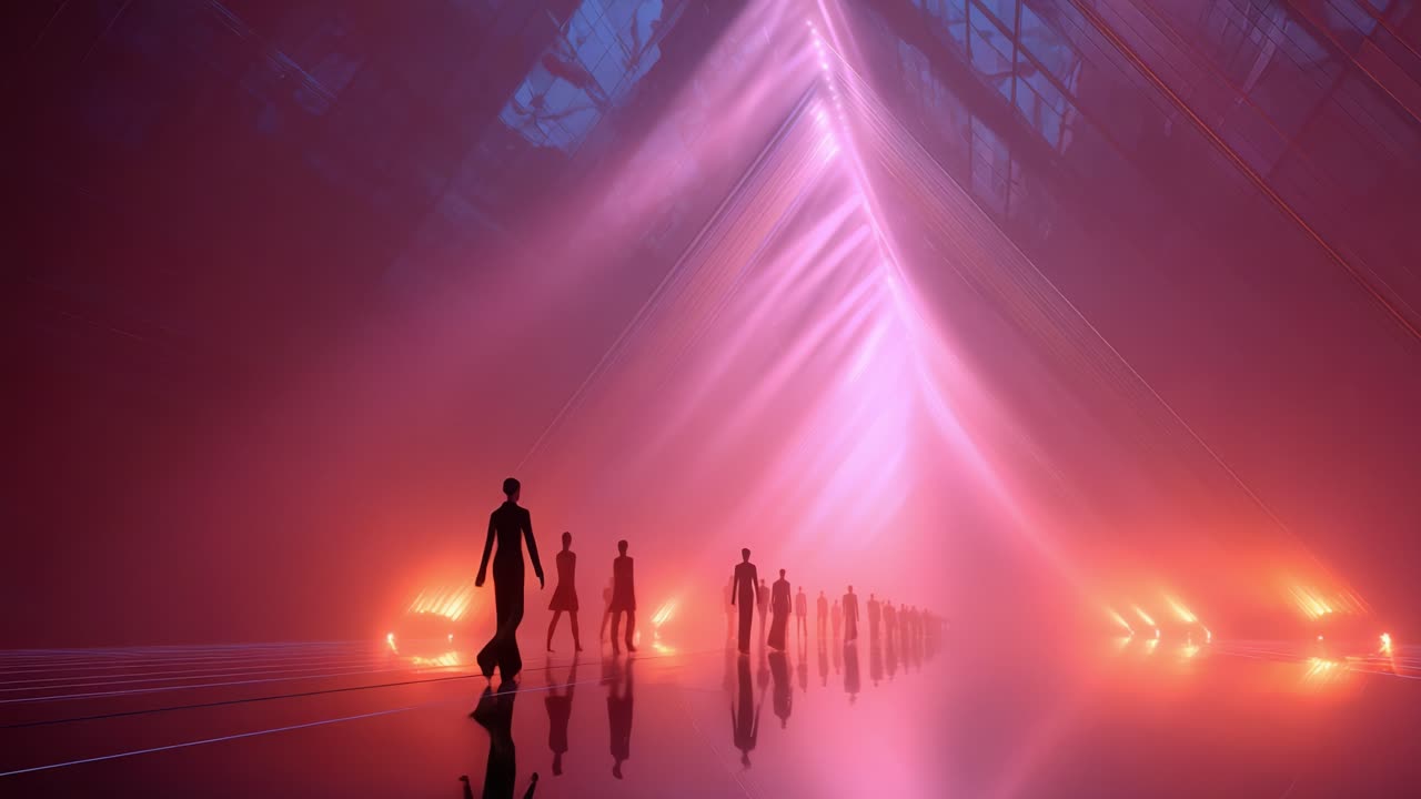 A Stunning Visual Experience: An Artistic Display of Silhouetted Figures Walking Through a Futuristic, Ethereal Environment Bathed in Dreamlike Colors and Surrounding Lights Highlighting Their Journey