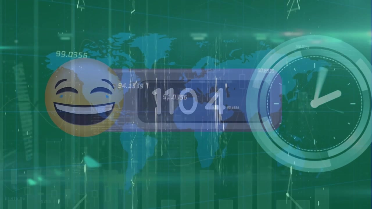 Animation of clock and virus cells over man in vr headset working in office