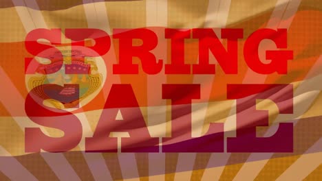 animation of spring sale text and radiating orange stripes over waving flag of costa rica