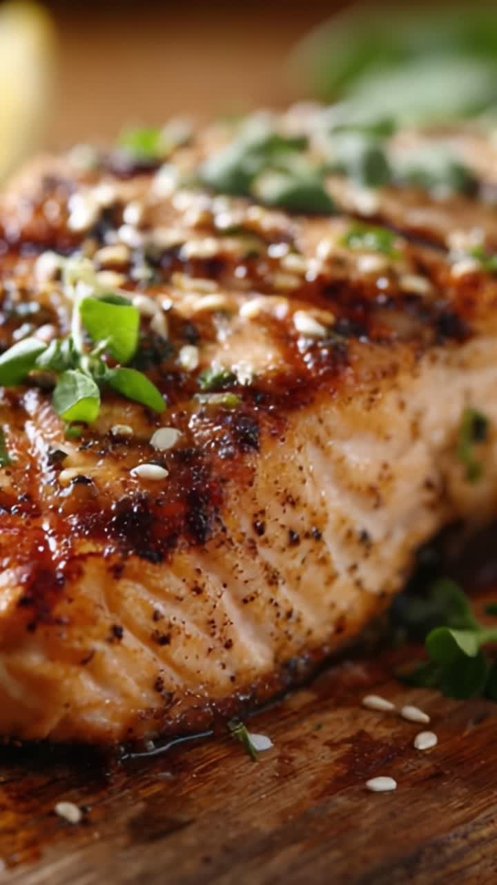 Filetto di salmone succulento alla griglia guarnito con erbe fresche e semi di sesamo, cotto alla perfezione per esaltarne i ricchi sapori e la presentazione impeccabile