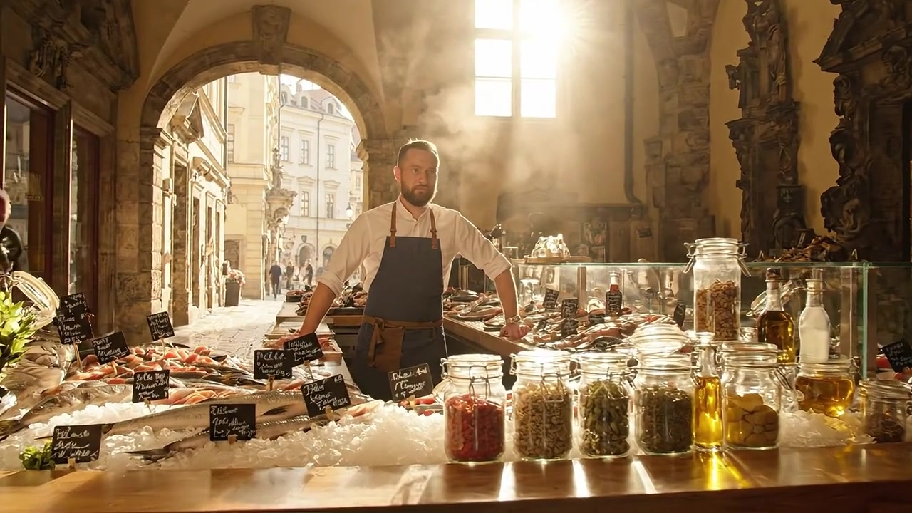 Un artigiano culinario al lavoro in un mercato vivace, che espone ingredienti freschi e prelibatezze, circondato da luce calda e un'atmosfera invitante.