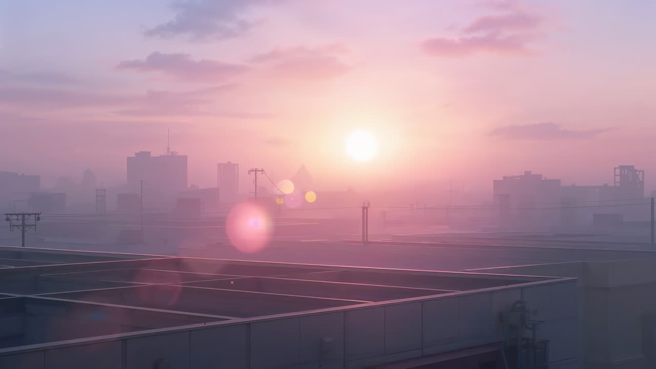Sol nascendo ao amanhecer, emitindo uma luz pastel, deslocando reflexos de lente sobre o telhado da cidade com turbina