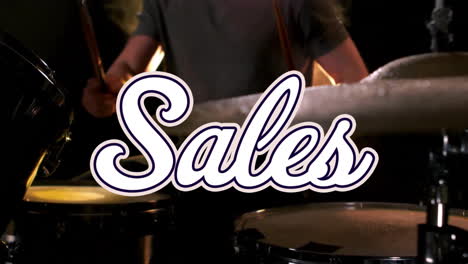 animation of sales text over caucasian man playing drums