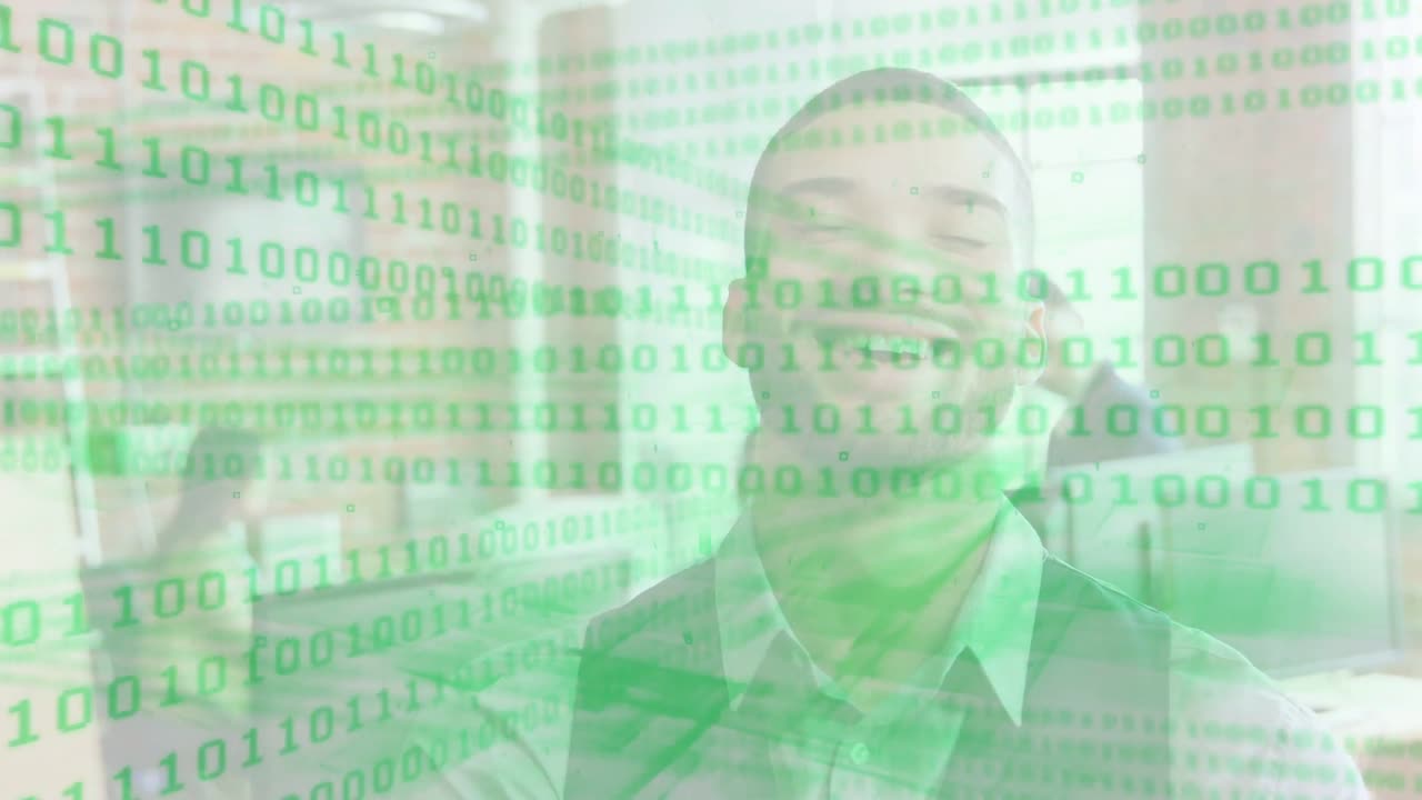 Vertical video: Binary overlay scrolling in office, man smiling, laughing, reacting to passing peer