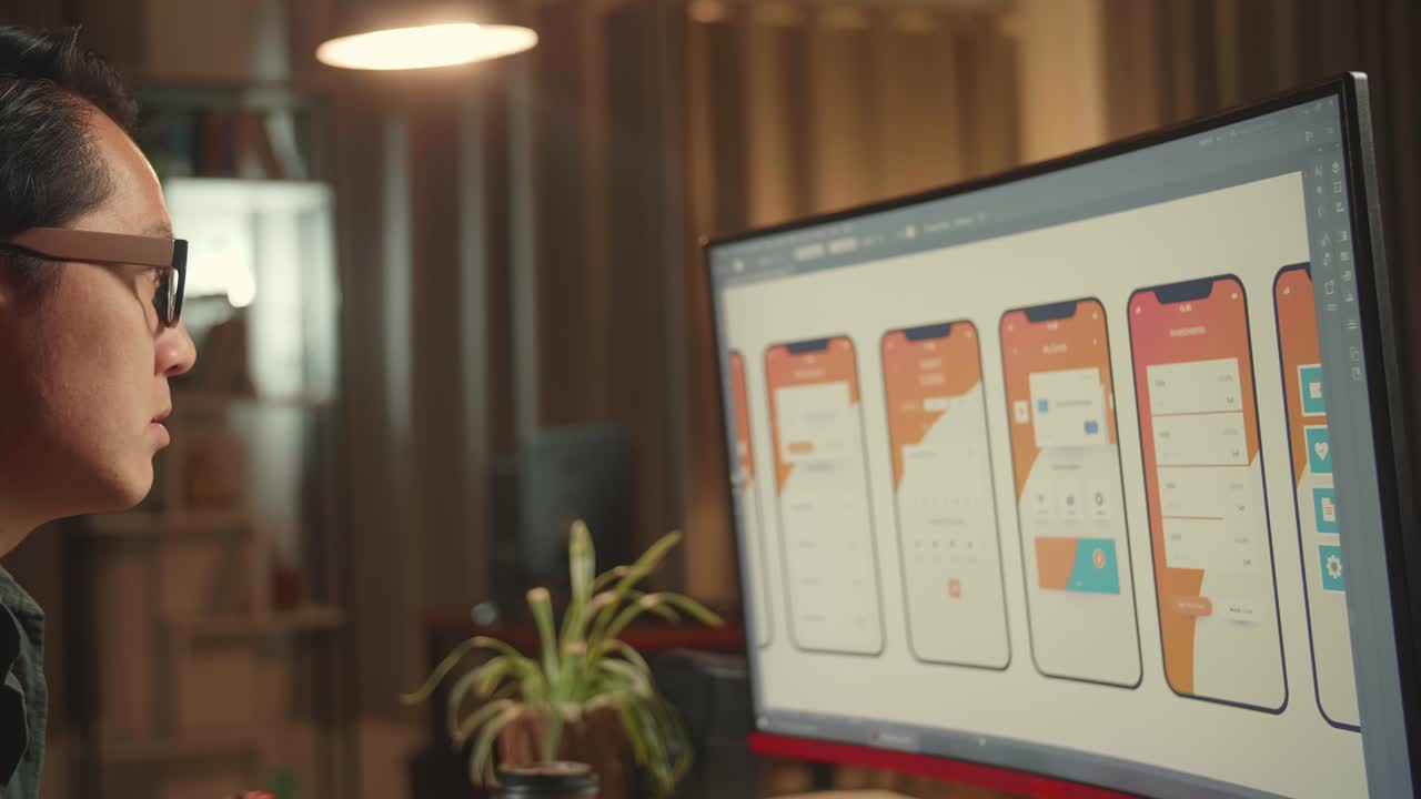 Tired Asian Male Mobile Application Developer Works With Graphics On His Personal Computer. He Works At Night