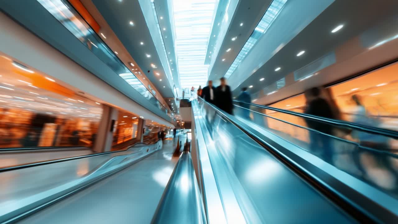 Dynamic Motion in a Modern Shopping Center: A Captivating Perspective from the Escalator Captures the Essence of Urban Life and Human Activity within an Engaging Space